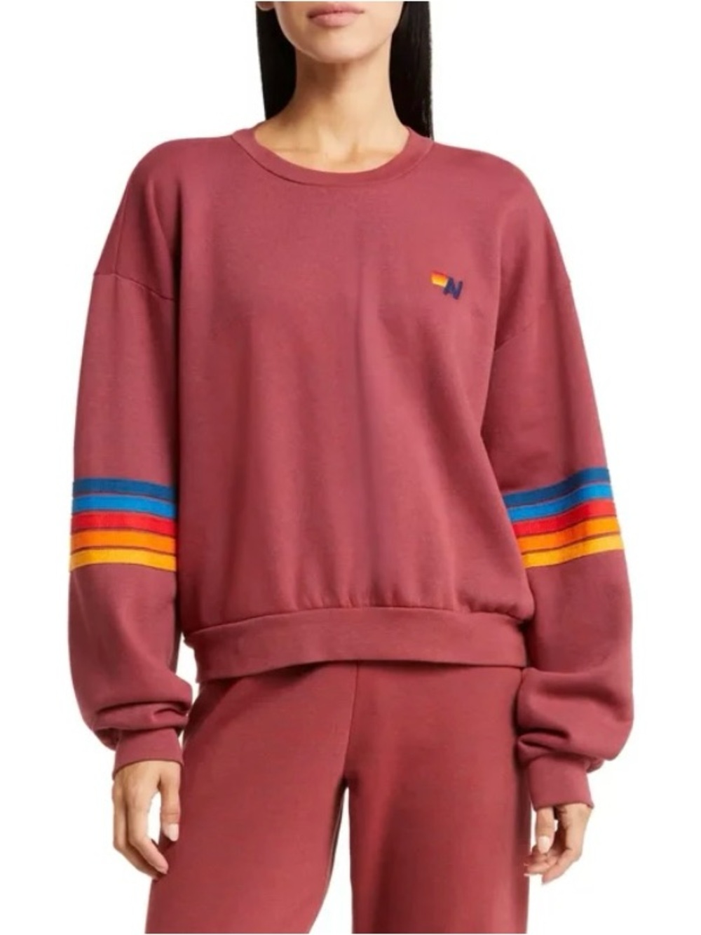 Aviator Nation Rainbow Stripe Crewneck Sweatshirt Crimson Size M